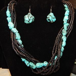 Two For the Twist Turquoise Nugget & Black Wood Bead Necklaces